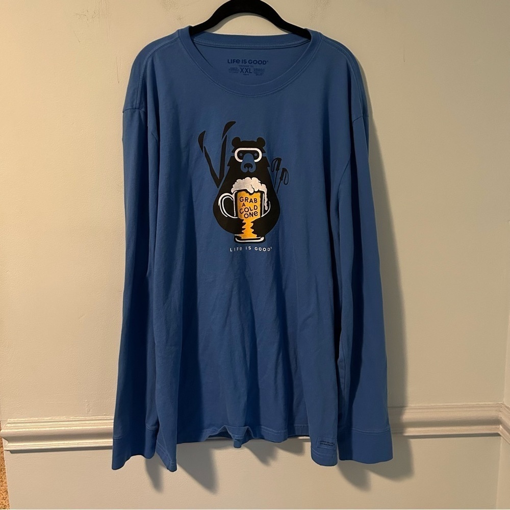 Life is Good Blue Bear & Beer “Grab a Cold One” Long Sleeve Crusher Tee Size XXL